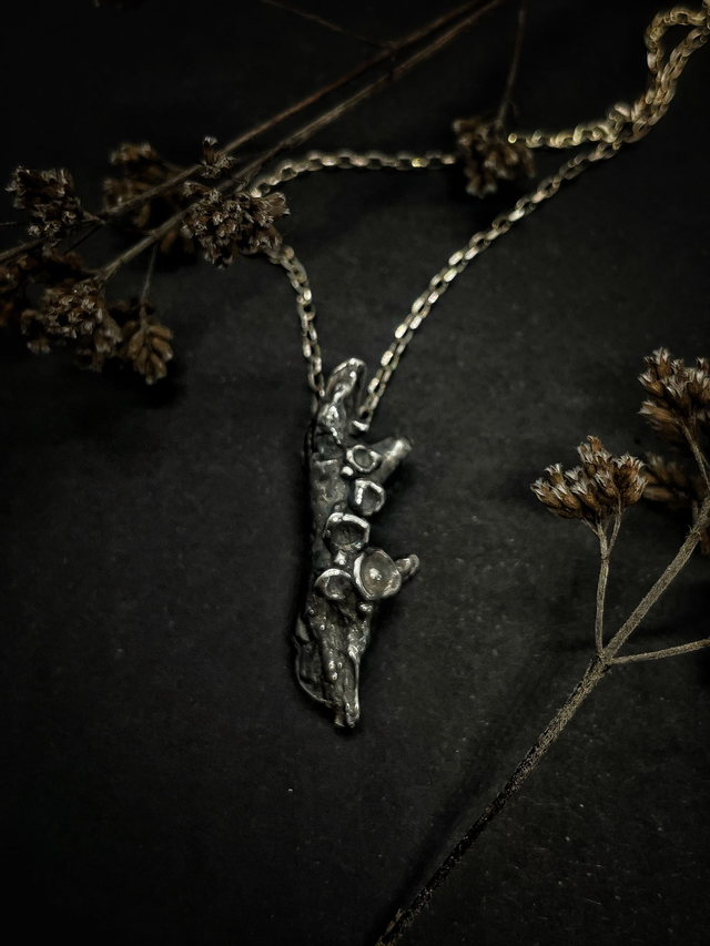 Handmade silver pendant, nature inspired, shaped like a twig covered in lichens. Recycled sterling silver, crafted in Ireland, shipped across Europe