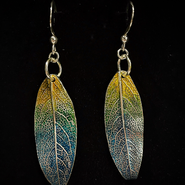 Colourful Sage silver earrings handprinted with inks. recycled sterling silver, crafted in Ireland, shipped across Europe