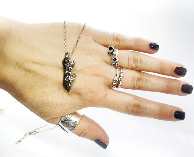 Handmade silver pendant, nature inspired, shaped like a twig covered in lichens. Recycled sterling silver, crafted in Ireland, shipped across Europe