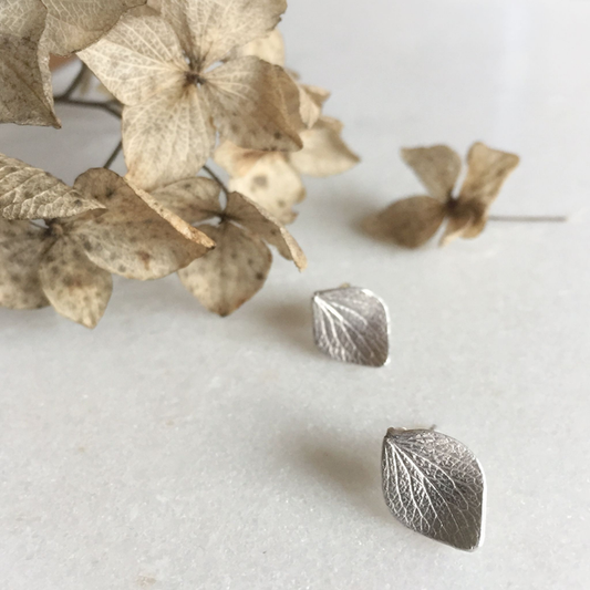 Hydrangea petal silver earrings. recycled sterling silver, crafted in Ireland, shipped across Europe