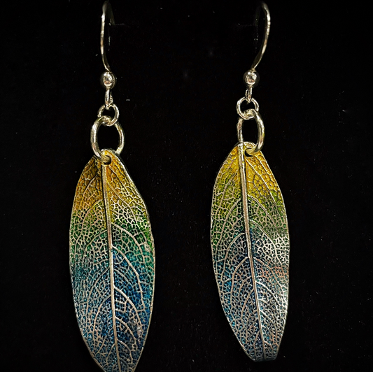 Colourful Sage silver earrings handprinted with inks. recycled sterling silver, crafted in Ireland, shipped across Europe